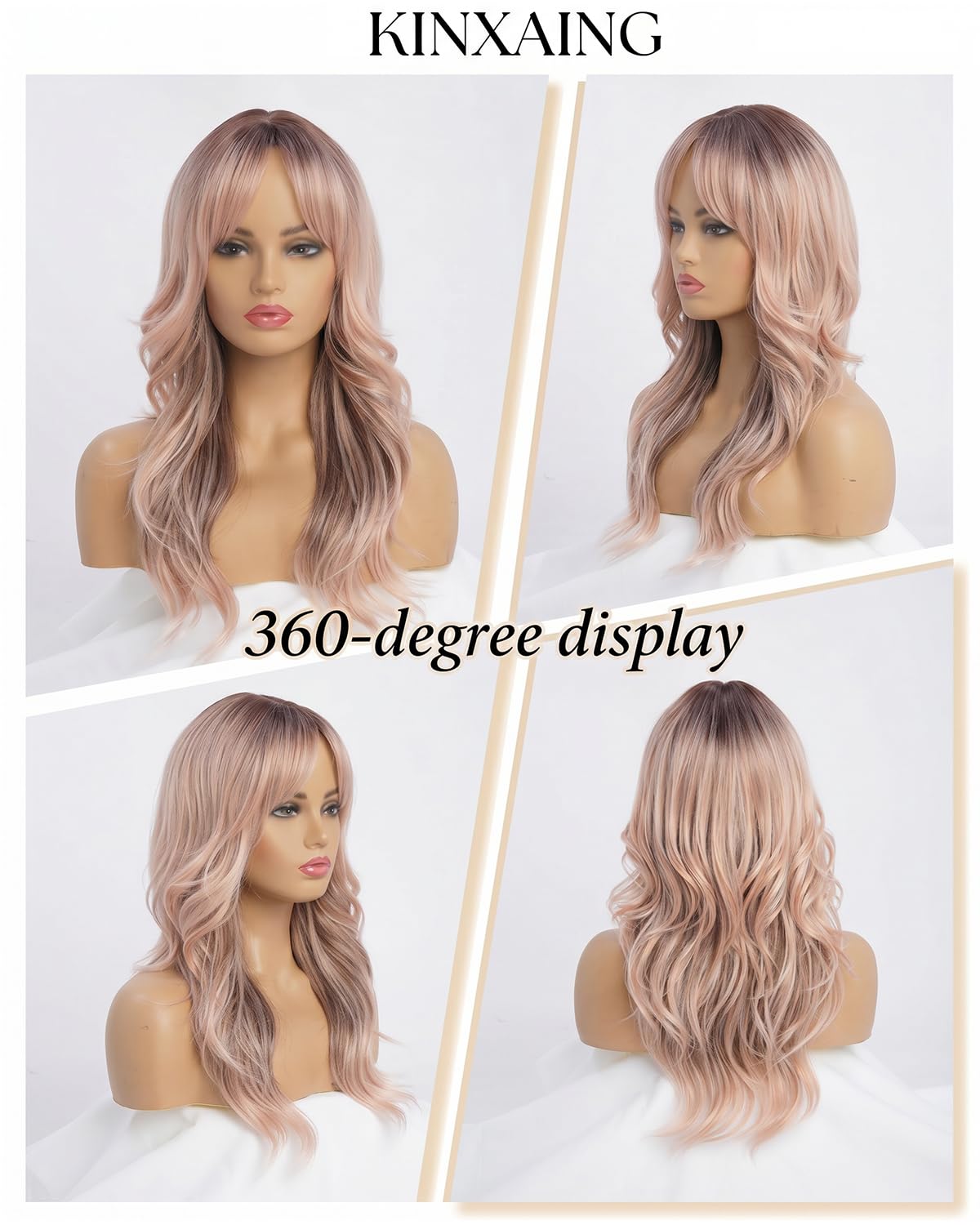 Ombre Pink Wavy Wig with Curtain Bangs 26 Inch – Long Layered Synthetic Hair Wig for Women, Natural Looking Dark Root Heat Resistant Wig, Soft Thick Full Wig for Daily Wear Party Cosplay