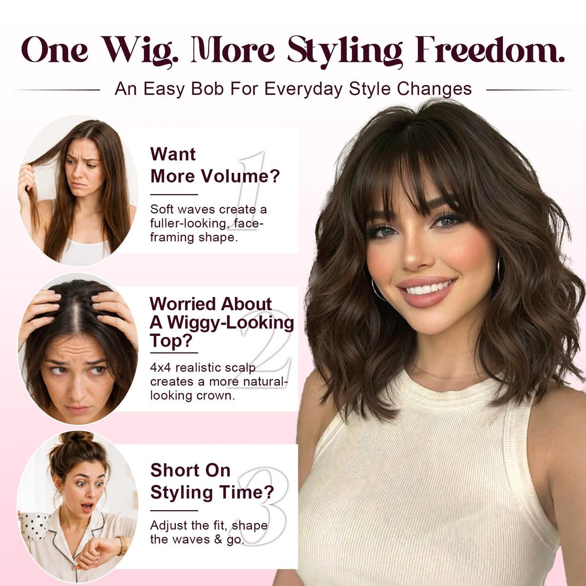 NOSTALGIA Wigs for Women, Short Wavy Bob Wig with Bangs, Trimmable Bangs, Shoulder Length, Black To Brown Heat Resistant Synthetic Wig for Daily Party Use, 14 Inch