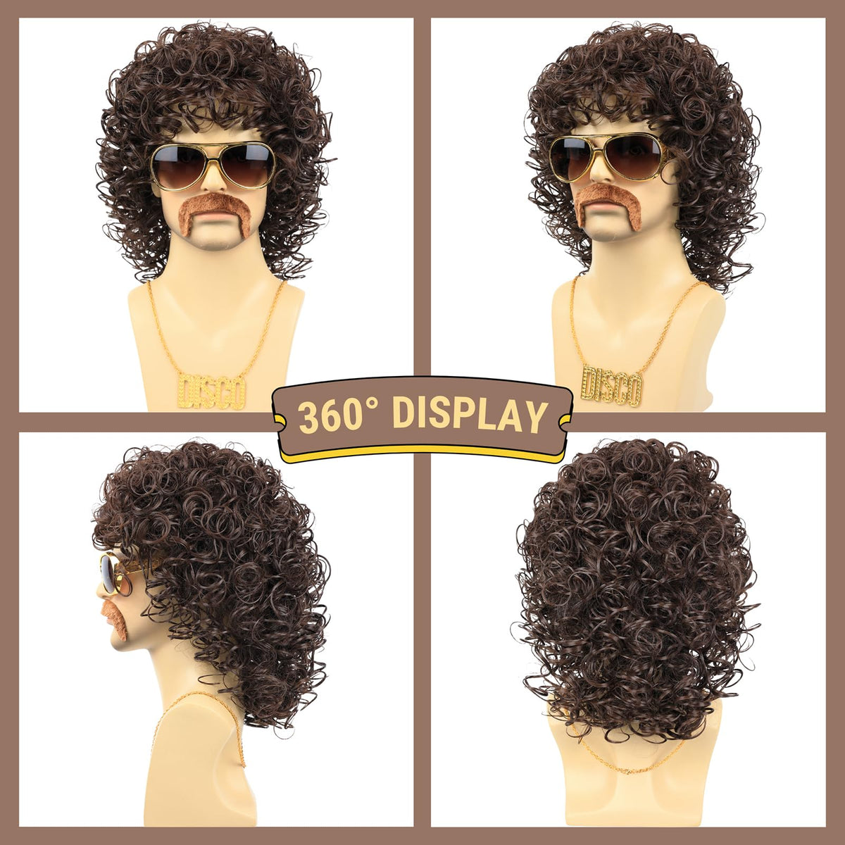 70s Disco Black Jerry Curl Wig with Glasses Mustache Necklace for Men