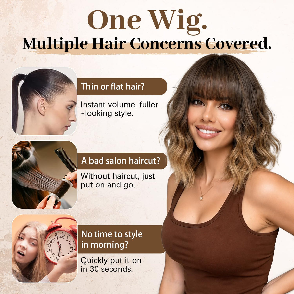 Nnzes Short Wavy Bob Wig with Bangs for Women Shoulder Length Curly Dark Brown with Purple Synthetic Heat-Resistant Fiber Hair for Daily & Party Use
