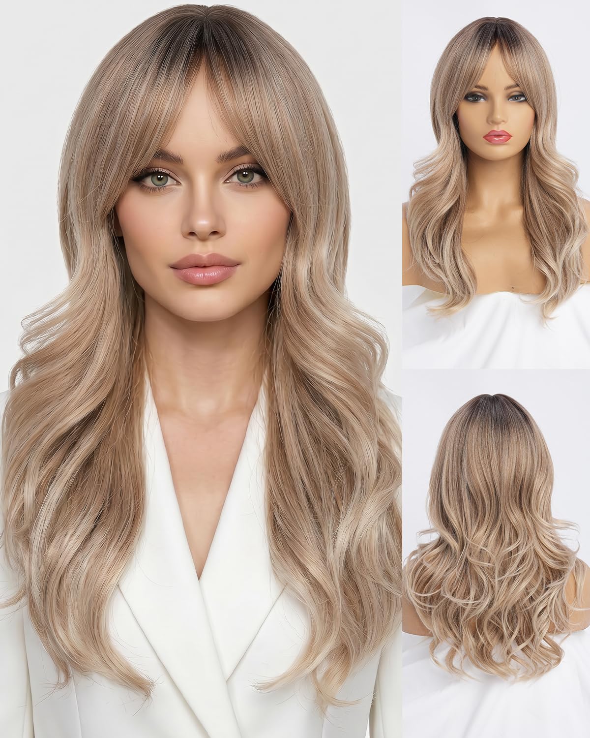 Ombre Pink Wavy Wig with Curtain Bangs 26 Inch – Long Layered Synthetic Hair Wig for Women, Natural Looking Dark Root Heat Resistant Wig, Soft Thick Full Wig for Daily Wear Party Cosplay
