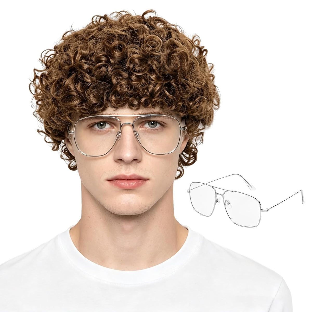Short Brown Afro Wig with Glasses Costume Set Mens Crazy Funny Party Wigs