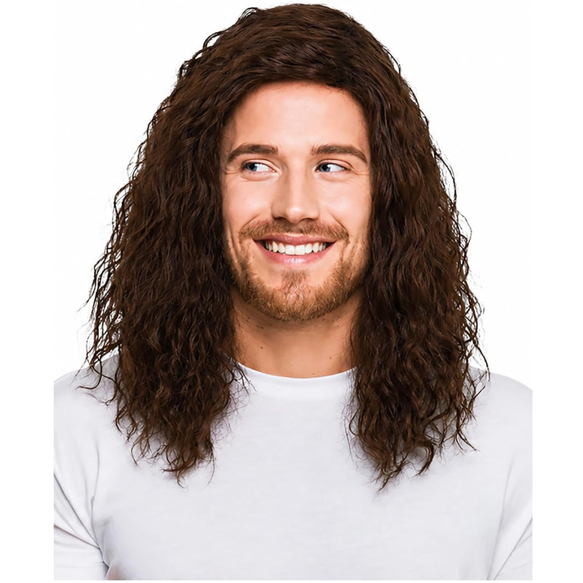 Mens Brown Wig Shoulder Length Brown Curly Male Wig