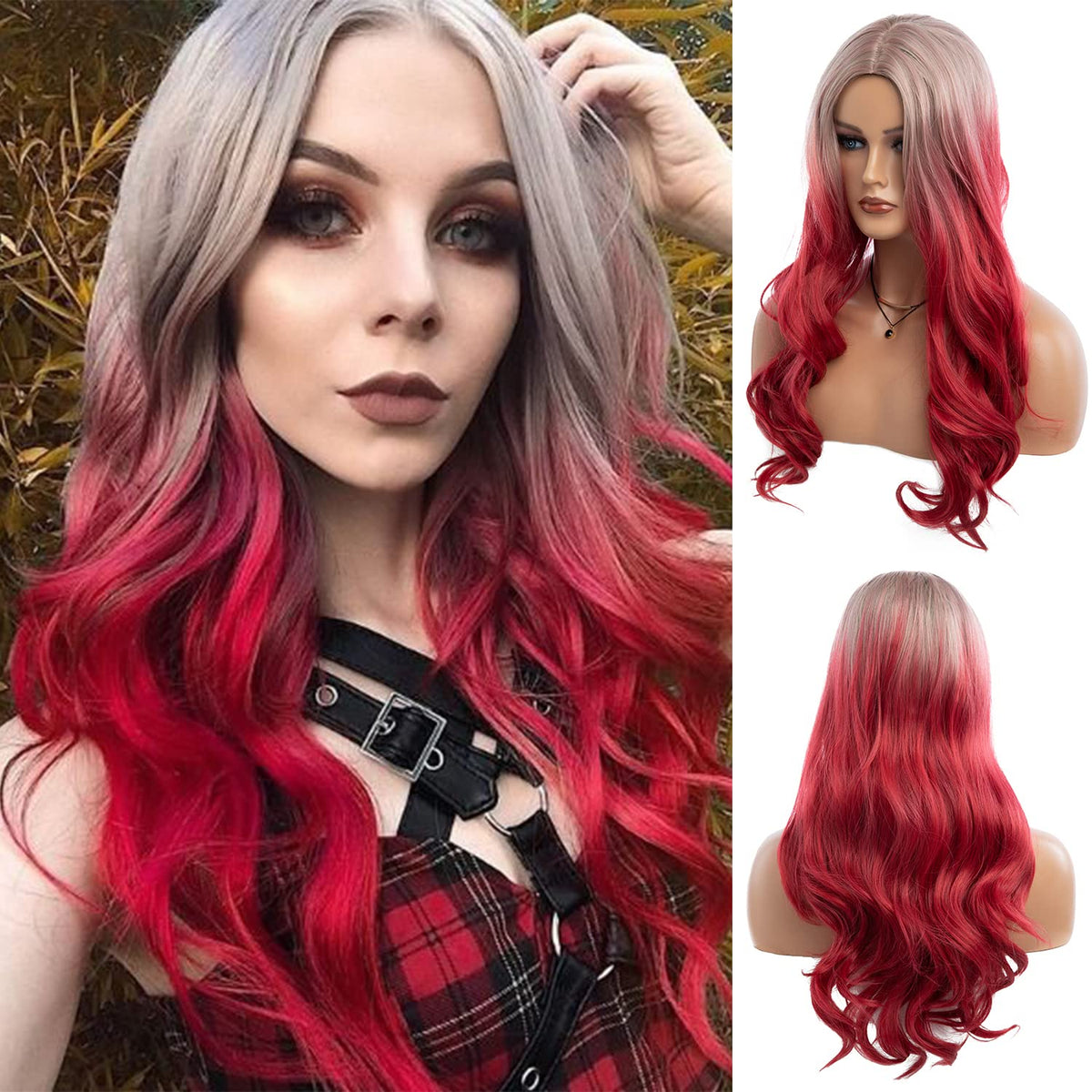 Long Curly Wavy Silver Grey to Purple Wig Side Part Natural Looking Synthetic Cosplay Wig for Women