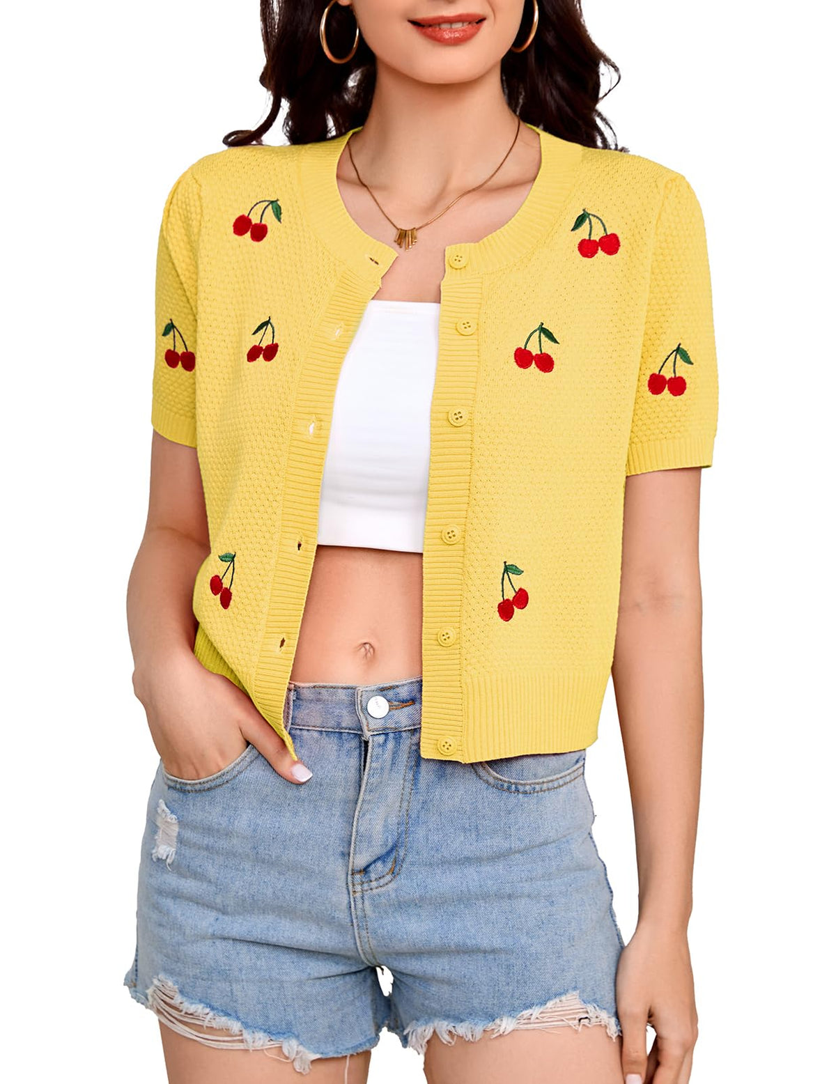 Bbonlinedress Women Cherry Short Sleeve Cardigan Tops Vintage Sweater Shirt