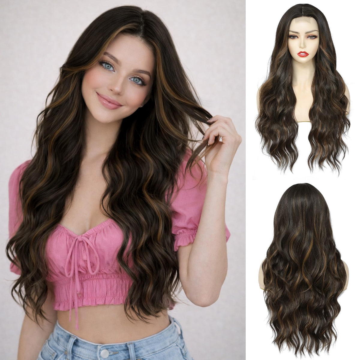 NAYOO 26 Inch Long Wavy Black Wig for Women, Middle Part Natural Looking Synthetic Wig, Heat Resistant Fiber Soft & Lightweight, Realistic Scalp Long Curly Wig for Daily Wear Party Cosplay