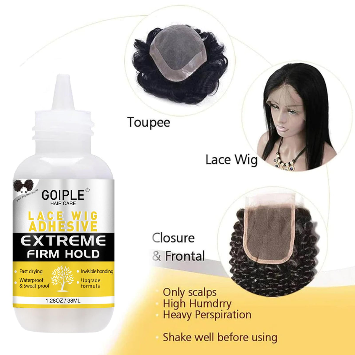 Wig Glue 1.28OZ, Waterproof Lace Front Adhsive for Wigs with Tools and Hair Wax Stick (Lace Adhesive/Wig Glue Remover/Wax Stick/Edge Control Wax/Elastic Band/Hair Dual Drush/Wigs Caps)