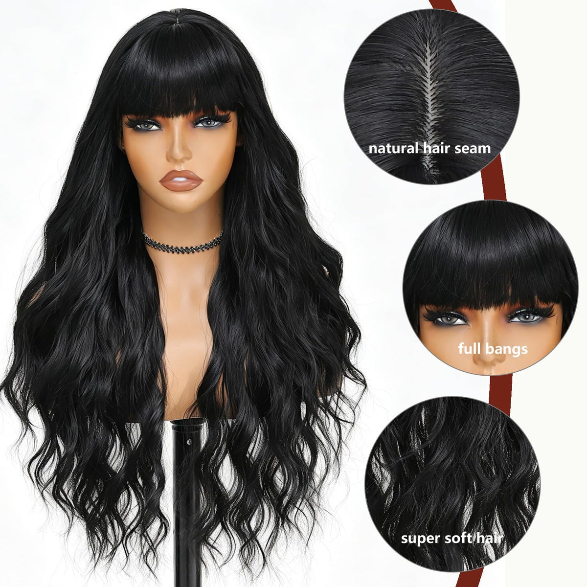 Burgundy Wig with Bangs for Women, Long Wavy Red Wig 26 Inch Wigs Heat Resistant Sythetic Wig for Daily Party Use