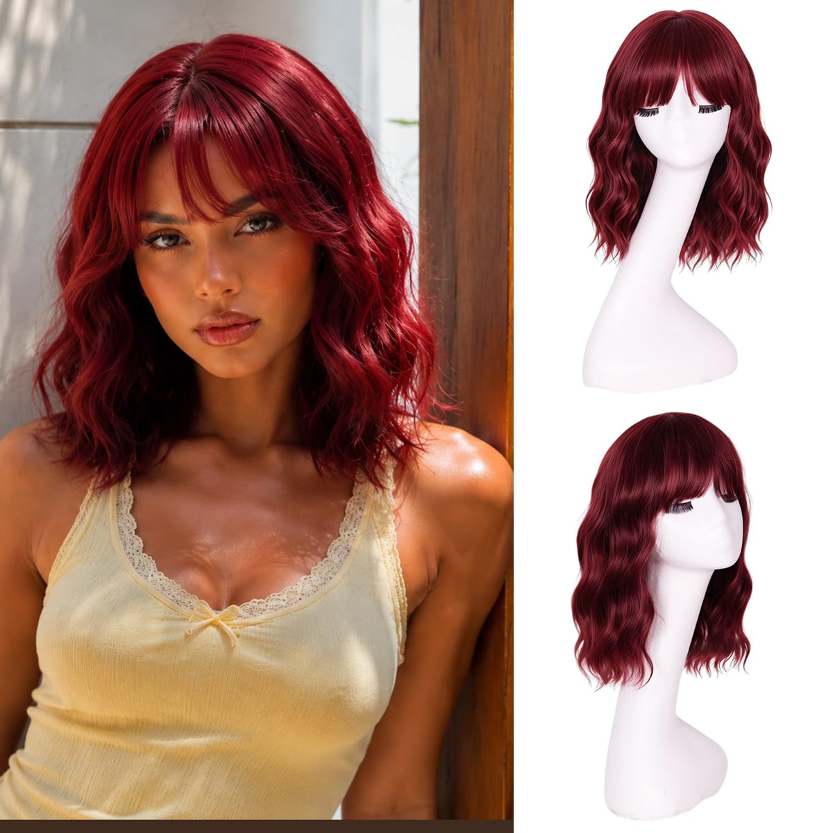 Short Wavy Wig with Bangs Black Mixed Brown Bob Curly Wigs for Women 14inch