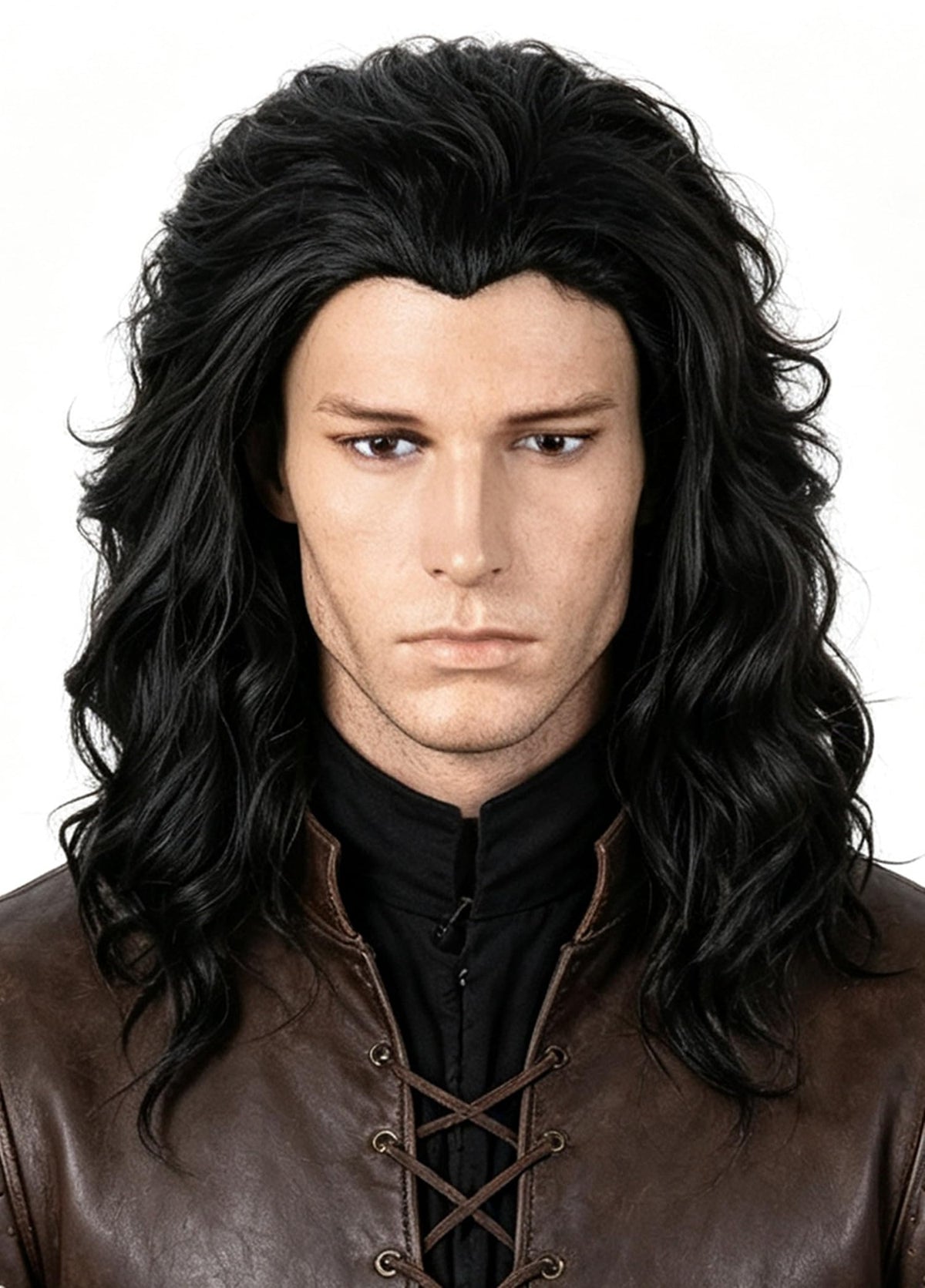 Men's Black Brown Wig Wavy Mid Length Hair Halloween Cosplay Costume Wig
