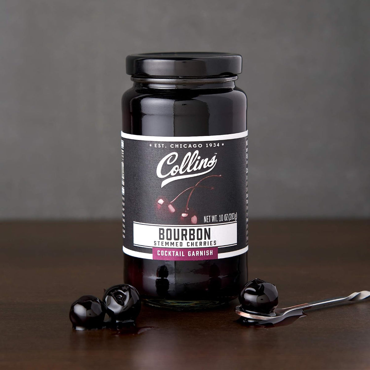 Collins Bourbon Cocktail Cherries - Drinks Garnish for Manhattan or Old Fashioned Cocktails and Desserts, Made with Award Winning Whiskey, 11 Ounce Glass Jar