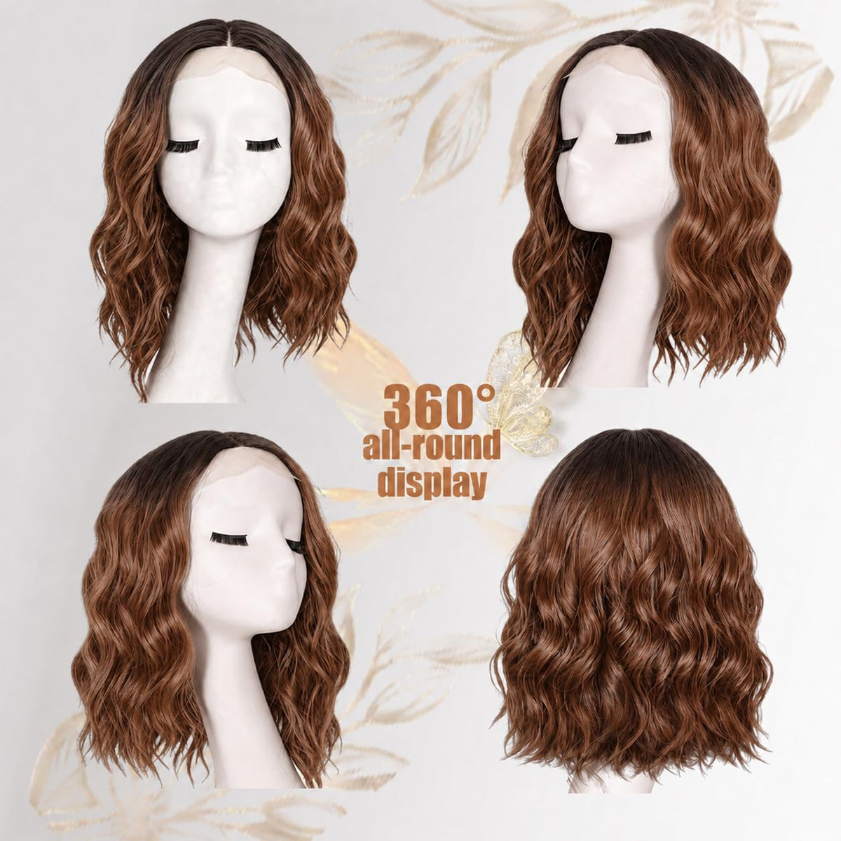 Short Wavy Wig with Bangs Black Mixed Brown Bob Curly Wigs for Women 14inch