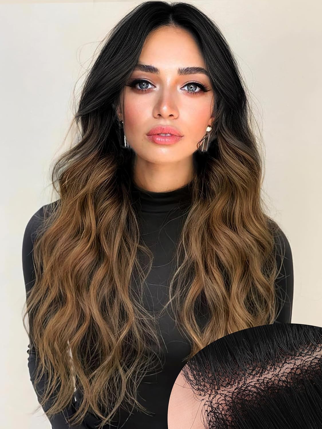 AISI HAIR Black Wig for Women, Long Wavy Lace Hairline Synthetic Wig 26Inch