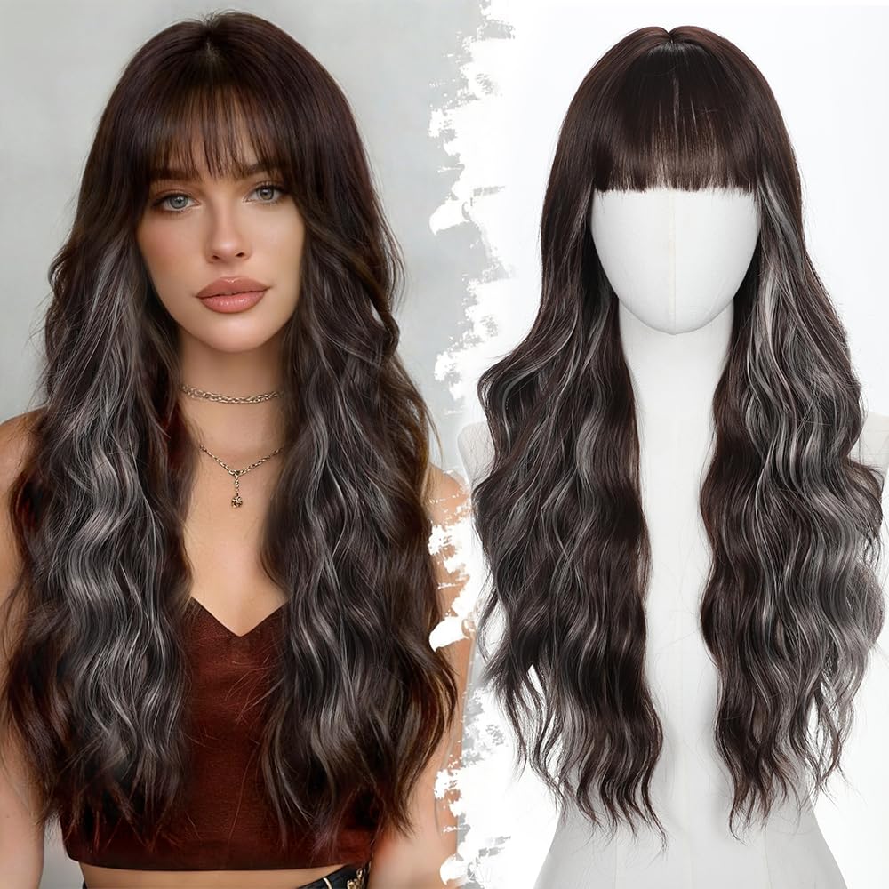Black Wig with Bangs Long curly wavy Wigs for Women26In Synthetic Black Wig