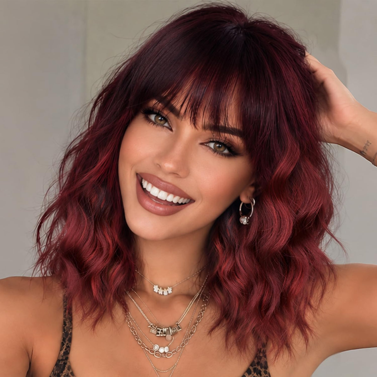 Nnzes Short Wavy Bob Wig with Bangs for Women Shoulder Length Curly Dark Brown with Purple Synthetic Heat-Resistant Fiber Hair for Daily & Party Use