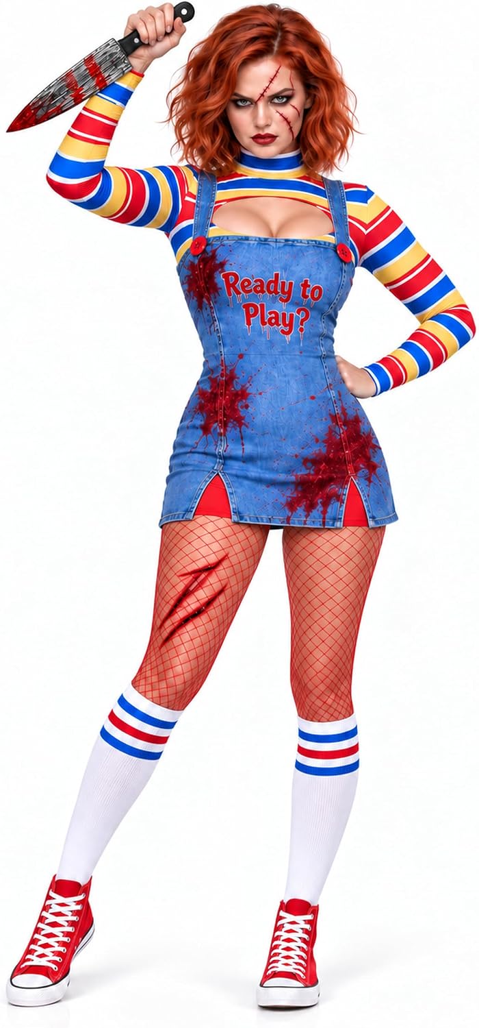 Halloween Killer Doll Costume for Women, Adult Creepy Doll Cosplay Set