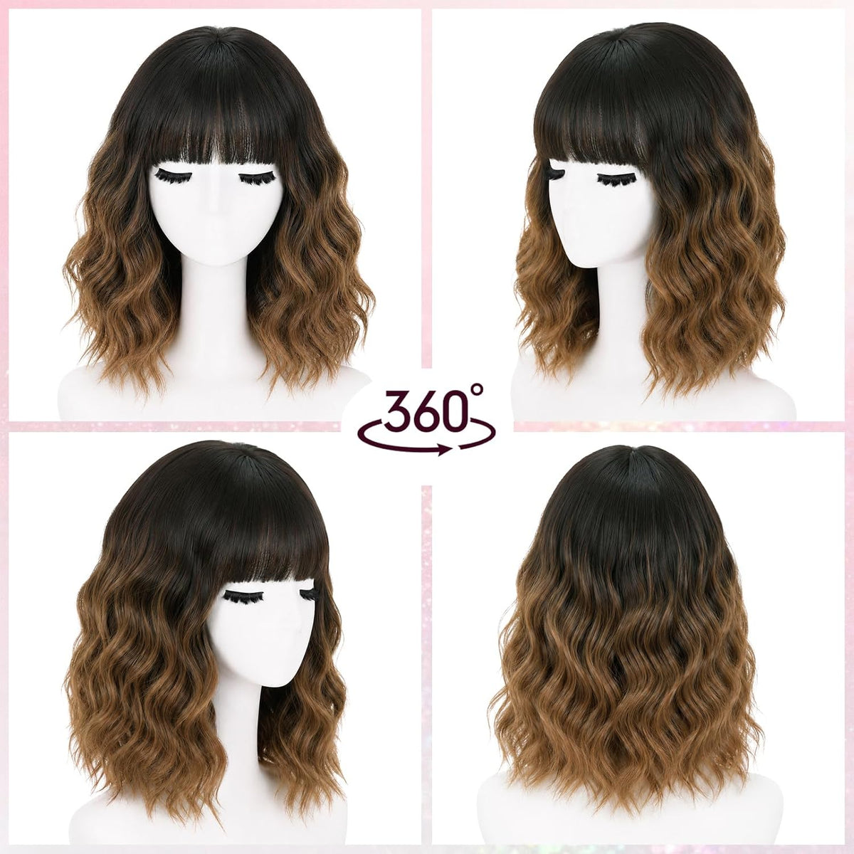 NOSTALGIA Wigs for Women, Short Wavy Bob Wig with Bangs, Trimmable Bangs, Shoulder Length, Black To Brown Heat Resistant Synthetic Wig for Daily Party Use, 14 Inch