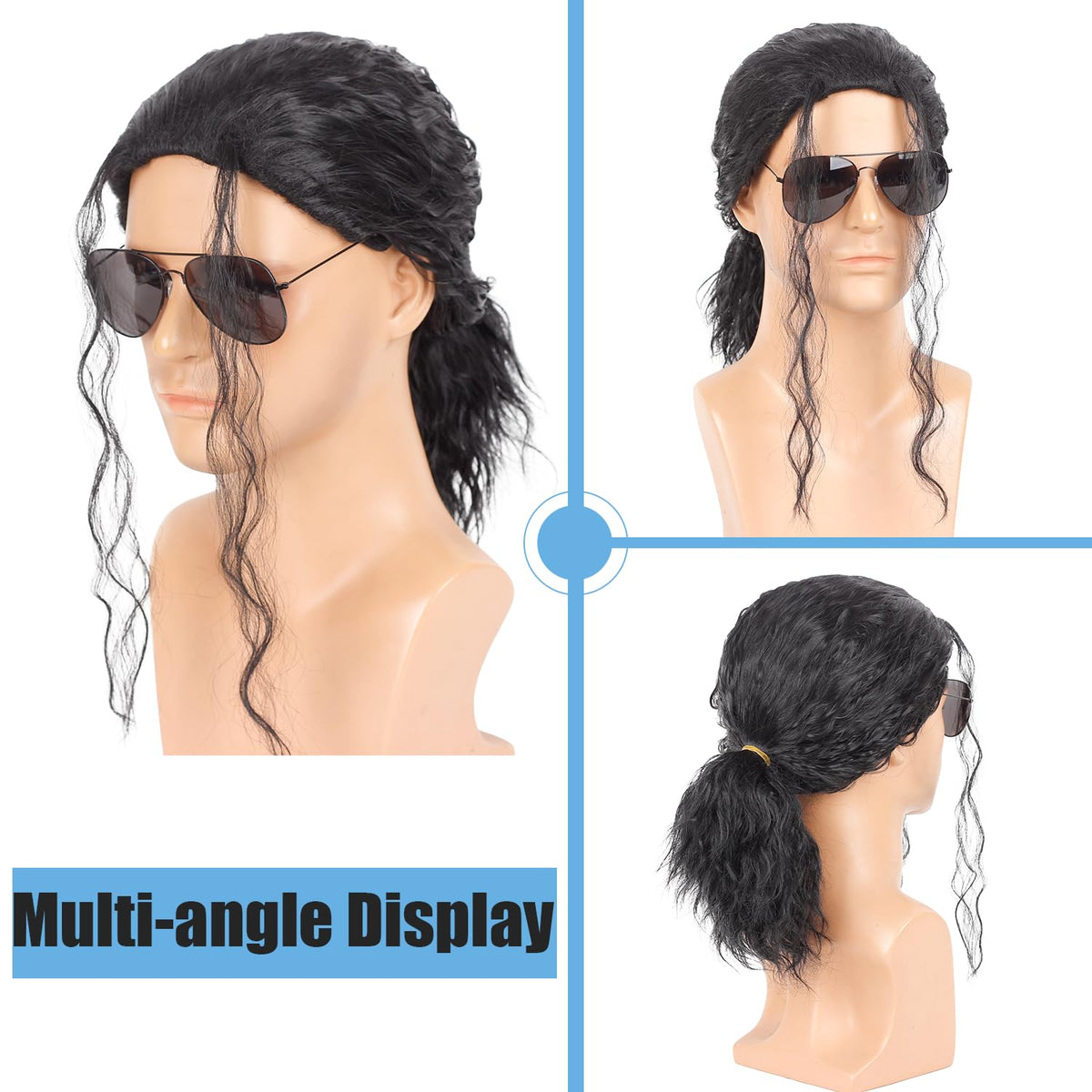 WeKen Mens Black Curly Wig for Cosplay Retro Rock Party Wig with Glasses