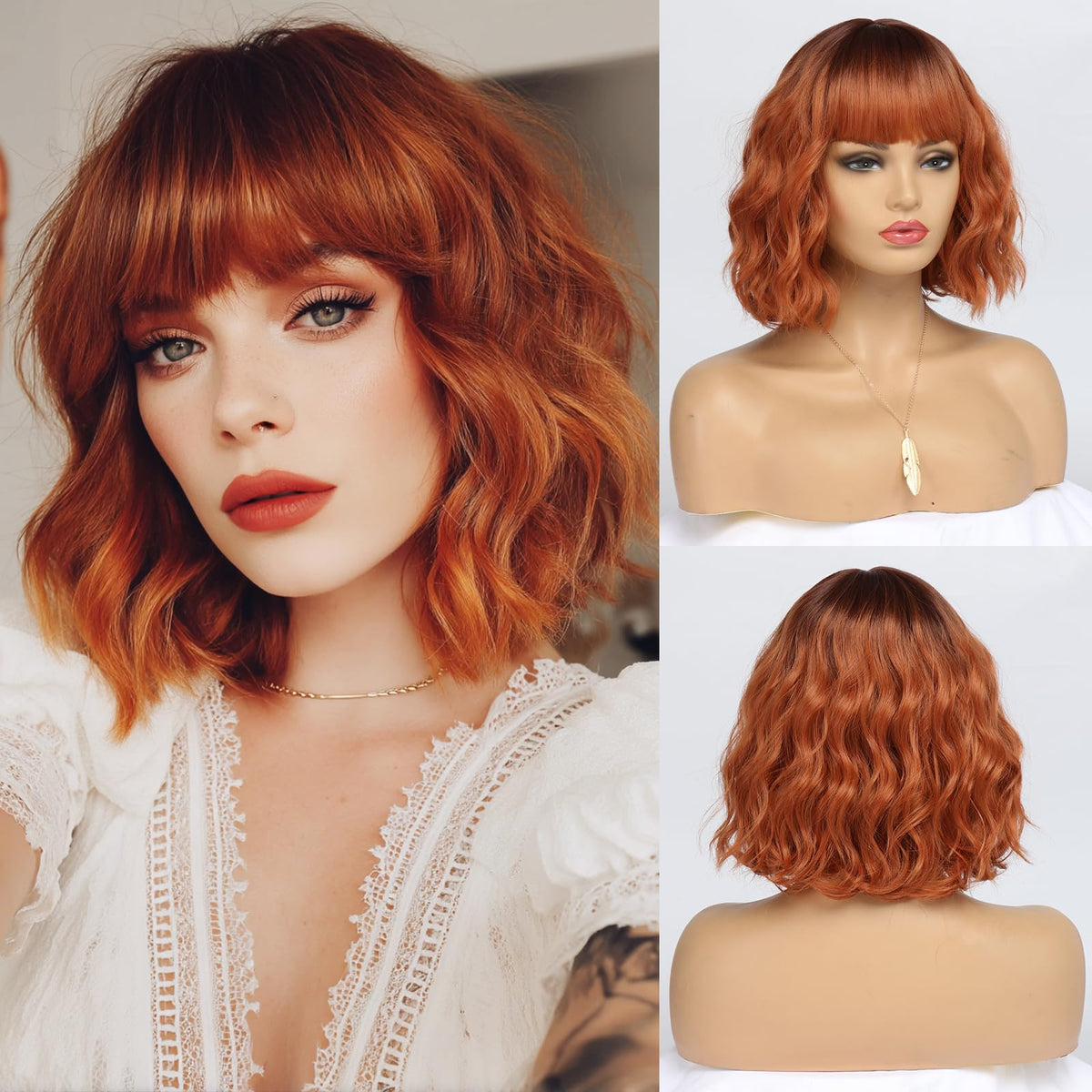 White Silver Wigs for Women Ombre Grey Wavy Bob Short Wigs with Bangs Medium Length Synthetic Hair Water Wave Dark Roots Wig Gray Colorful Wigs（14 Inches）