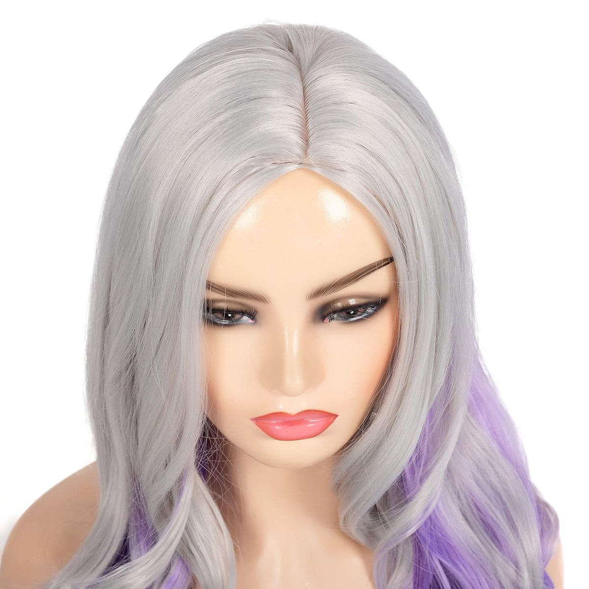 Long Curly Wavy Silver Grey to Purple Wig Side Part Natural Looking Synthetic Cosplay Wig for Women