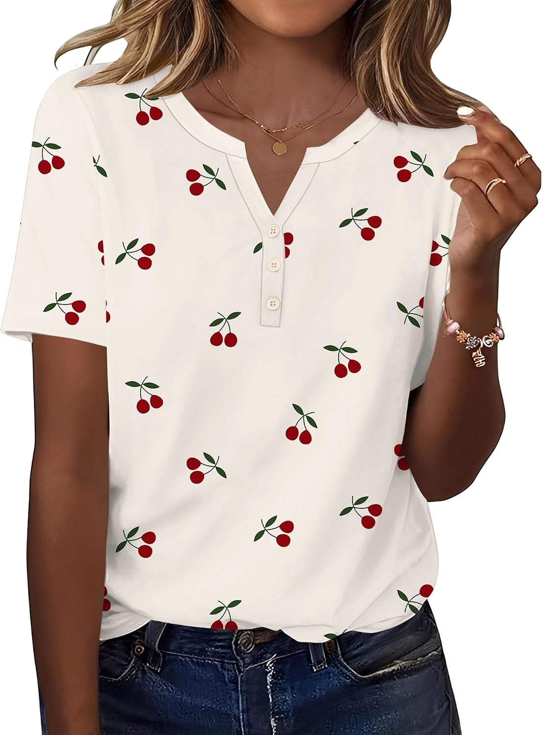 TCOT Women's Tops Dressy Casual Summer Blouses Short Sleeve Button V Neck Spring Tee Shirts