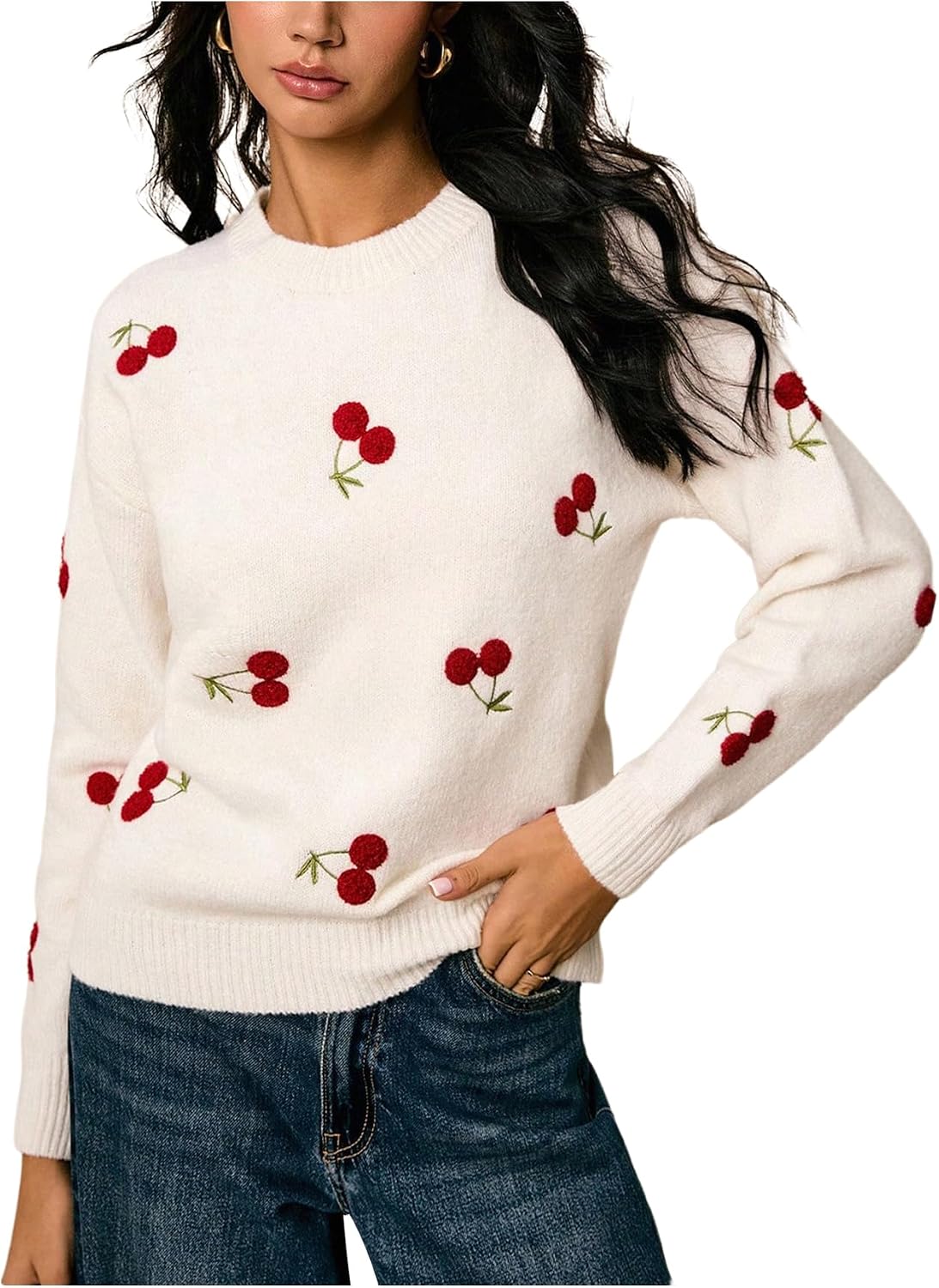 MakeMeChic Women's Cherry Embroidery Sweater Pullovers