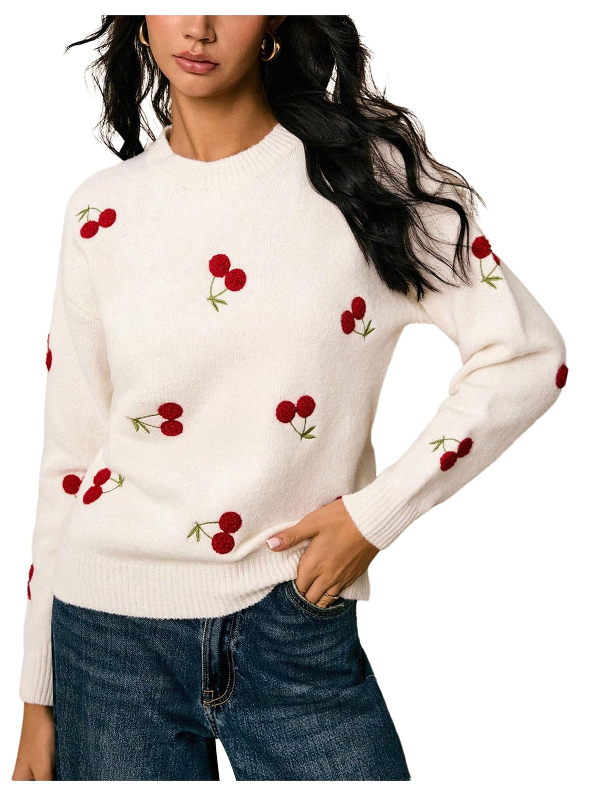 MakeMeChic Women's Cherry Embroidery Sweater Pullovers