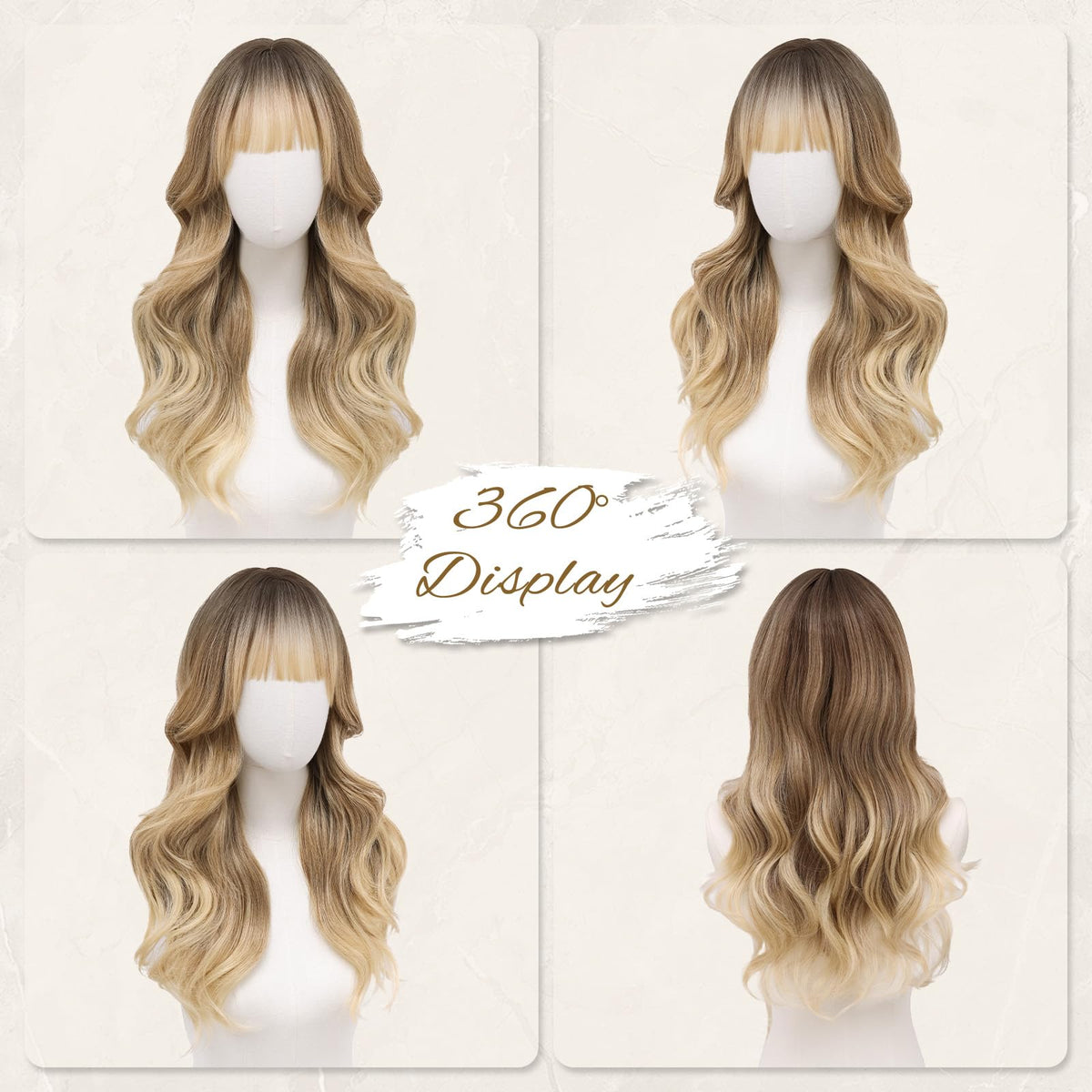 Rooted Honey Wig with Bangs for Women 24 Inch Long Wavy Synthetic Hair