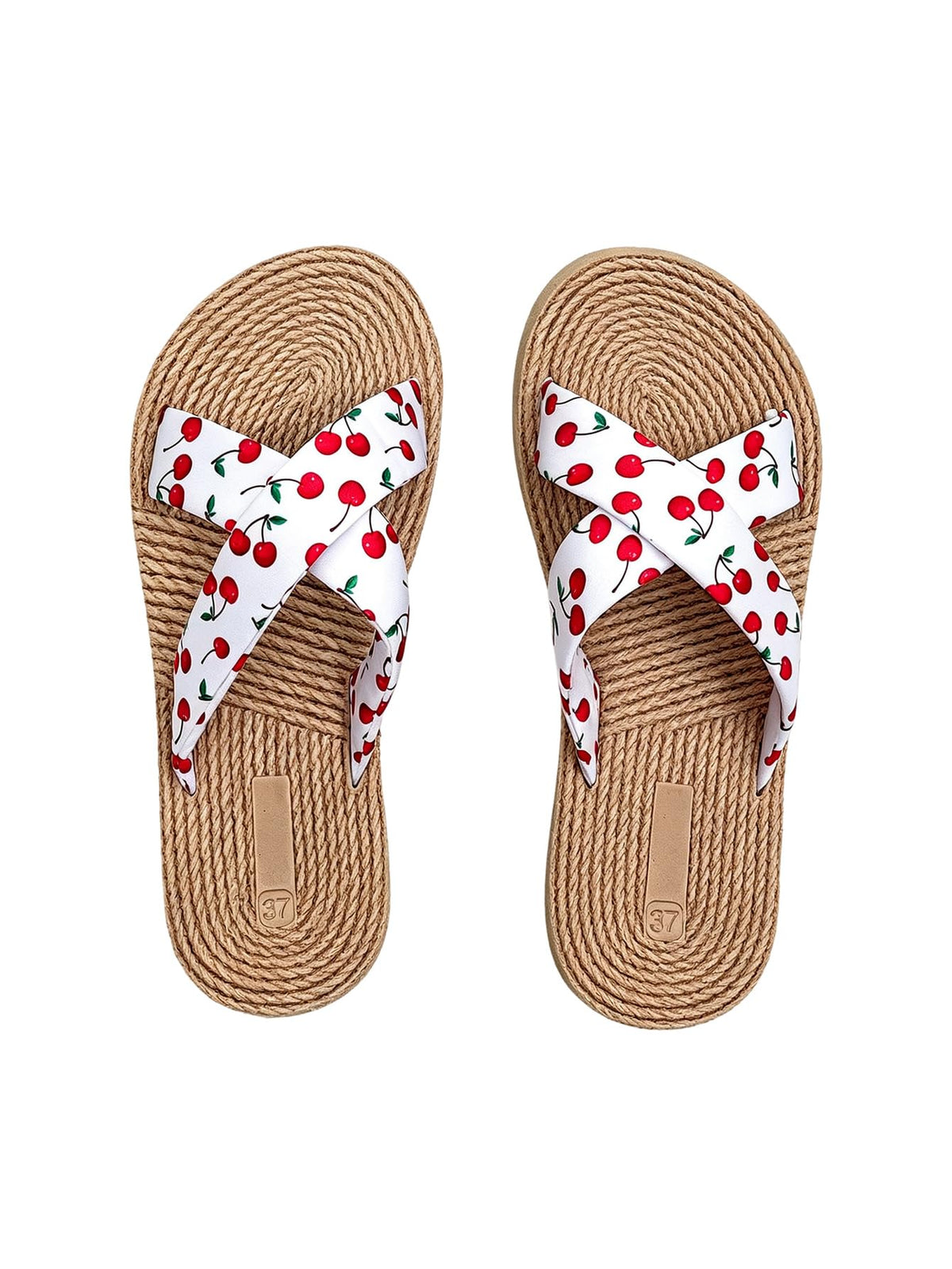 RoseSeek Women's Cherry Print Flip Flops Thick Sole Flat Sandals