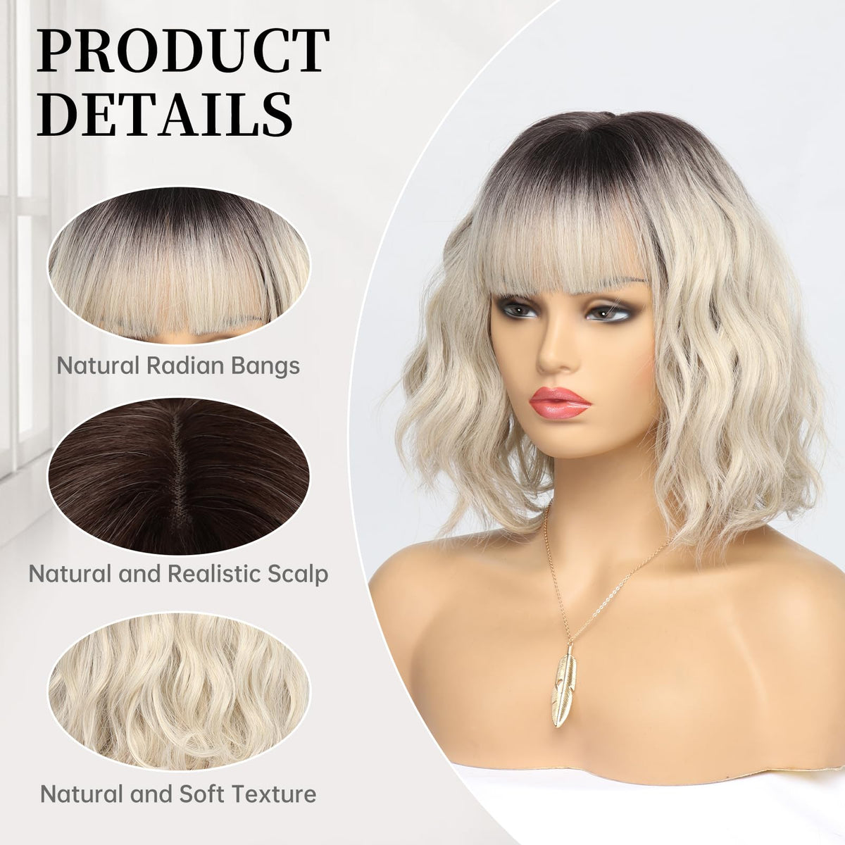 White Silver Wigs for Women Ombre Grey Wavy Bob Short Wigs with Bangs Medium Length Synthetic Hair Water Wave Dark Roots Wig Gray Colorful Wigs（14 Inches）
