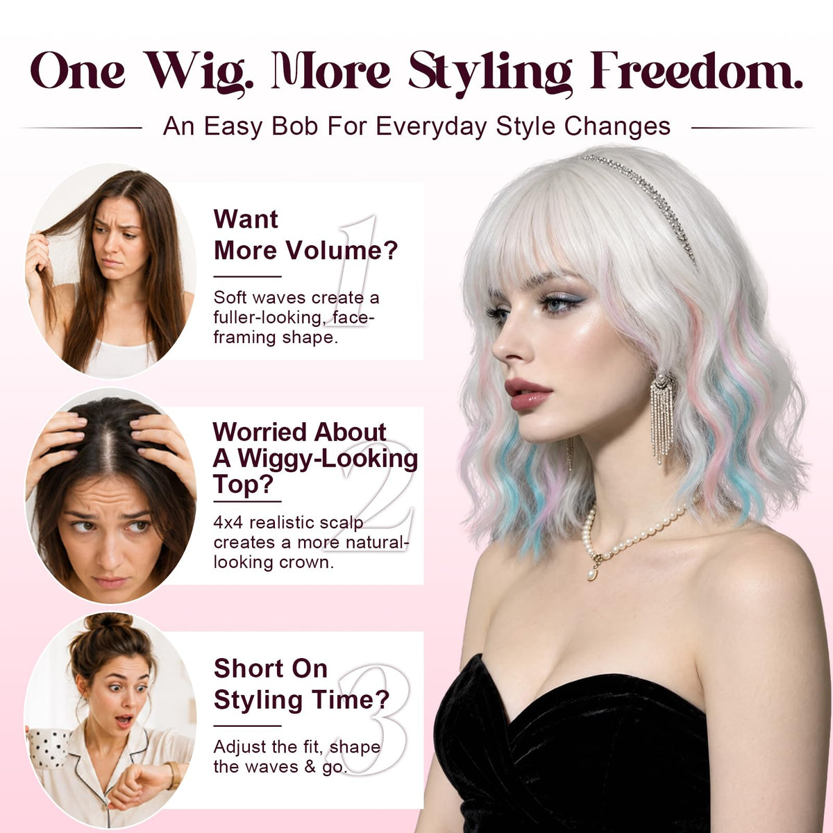 NOSTALGIA Wigs for Women, Short Wavy Bob Wig with Bangs, Trimmable Bangs, Shoulder Length, Black To Brown Heat Resistant Synthetic Wig for Daily Party Use, 14 Inch