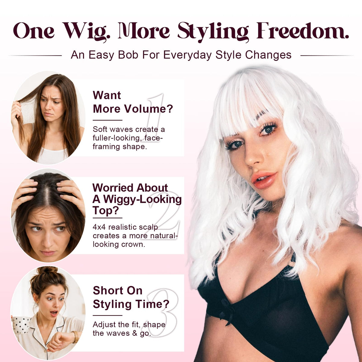 NOSTALGIA Wigs for Women, Short Wavy Bob Wig with Bangs, Trimmable Bangs, Shoulder Length, Black To Brown Heat Resistant Synthetic Wig for Daily Party Use, 14 Inch