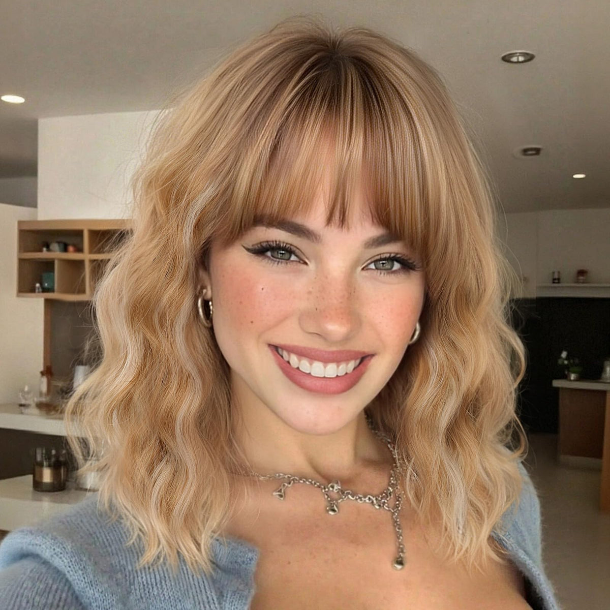 Nnzes Short Wavy Bob Wig with Bangs for Women Shoulder Length Curly Dark Brown with Purple Synthetic Heat-Resistant Fiber Hair for Daily & Party Use