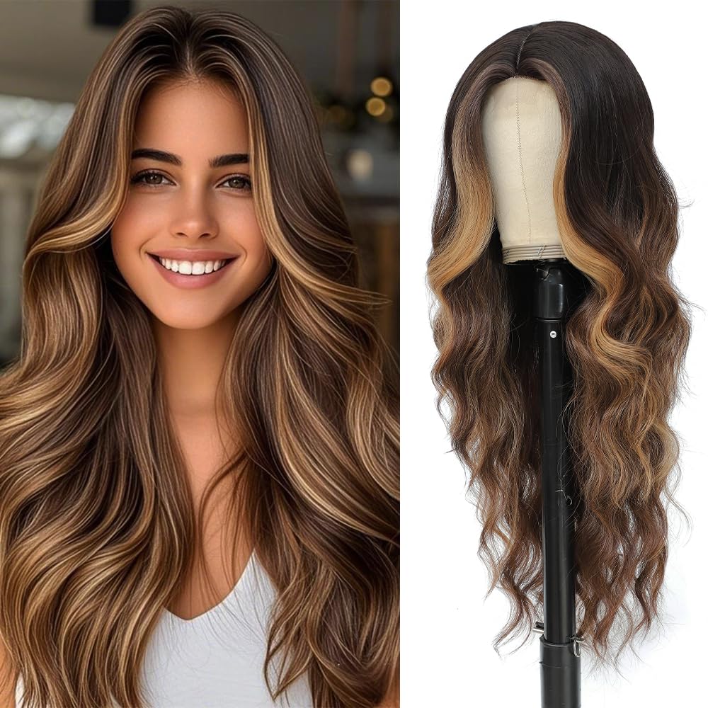 HMHIFI Blonde Wig for Women,26 Inch Long Wavy Curly Middle Part Hair