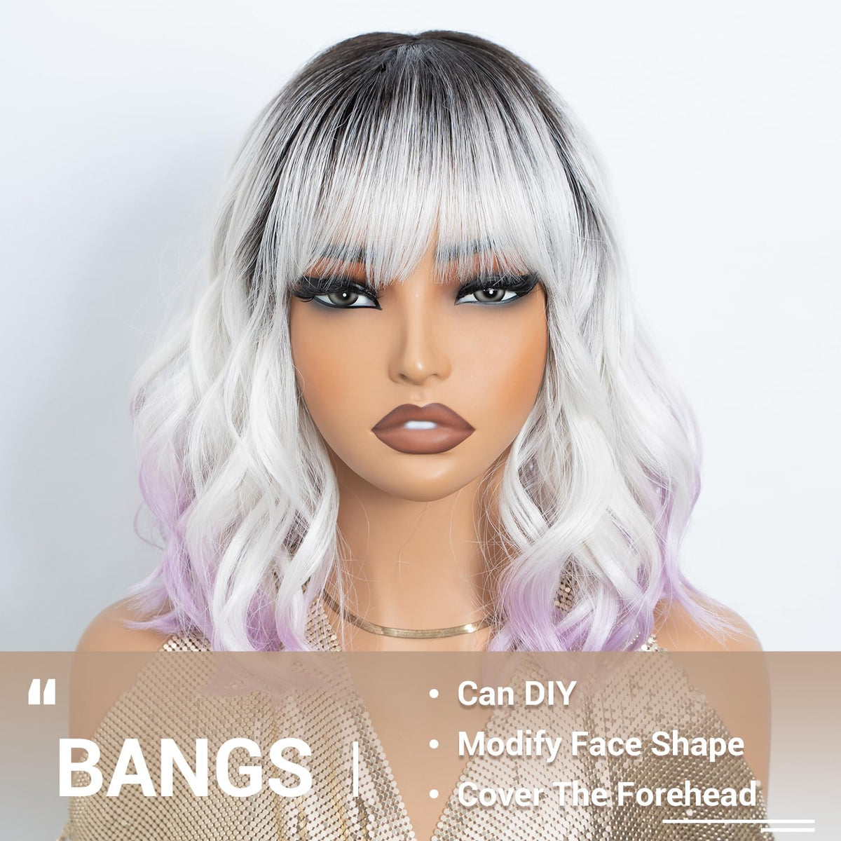 NOBLE Blue Wig with Bangs 12 Inches Short Bob Curly Wig Blue Wigs for Women Colorful Wavy Bob Wigs with Air Bangs Heat Resistant Synthetic Silver Blue Halloween Wigs for Cosplay Party