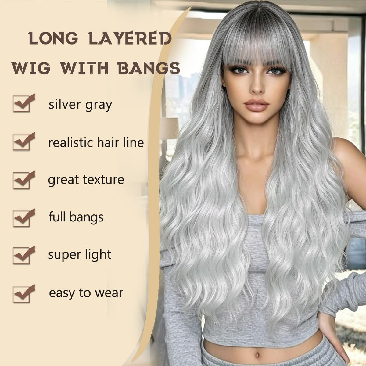 Burgundy Wig with Bangs for Women, Long Wavy Red Wig 26 Inch Wigs Heat Resistant Sythetic Wig for Daily Party Use