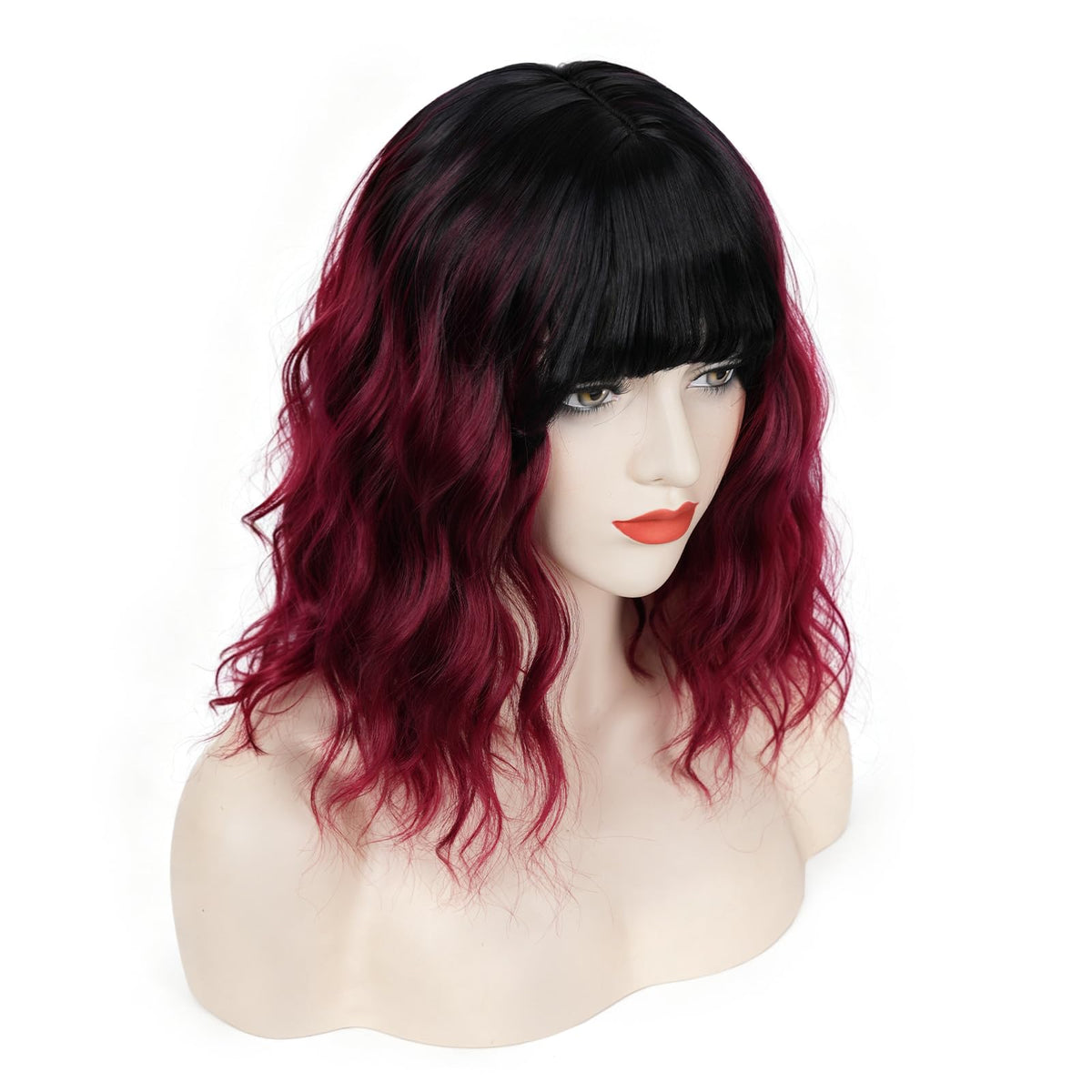 Short Black-grey Wavy Wig with Bangs for Women Halloween Curly Bob Wigs