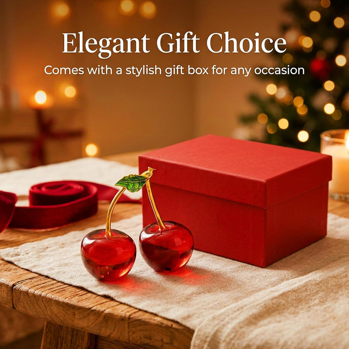 Anxingo Red Crystal Cherry Decor, Glass Fruit Ornament, 3.36 x 3.07 in