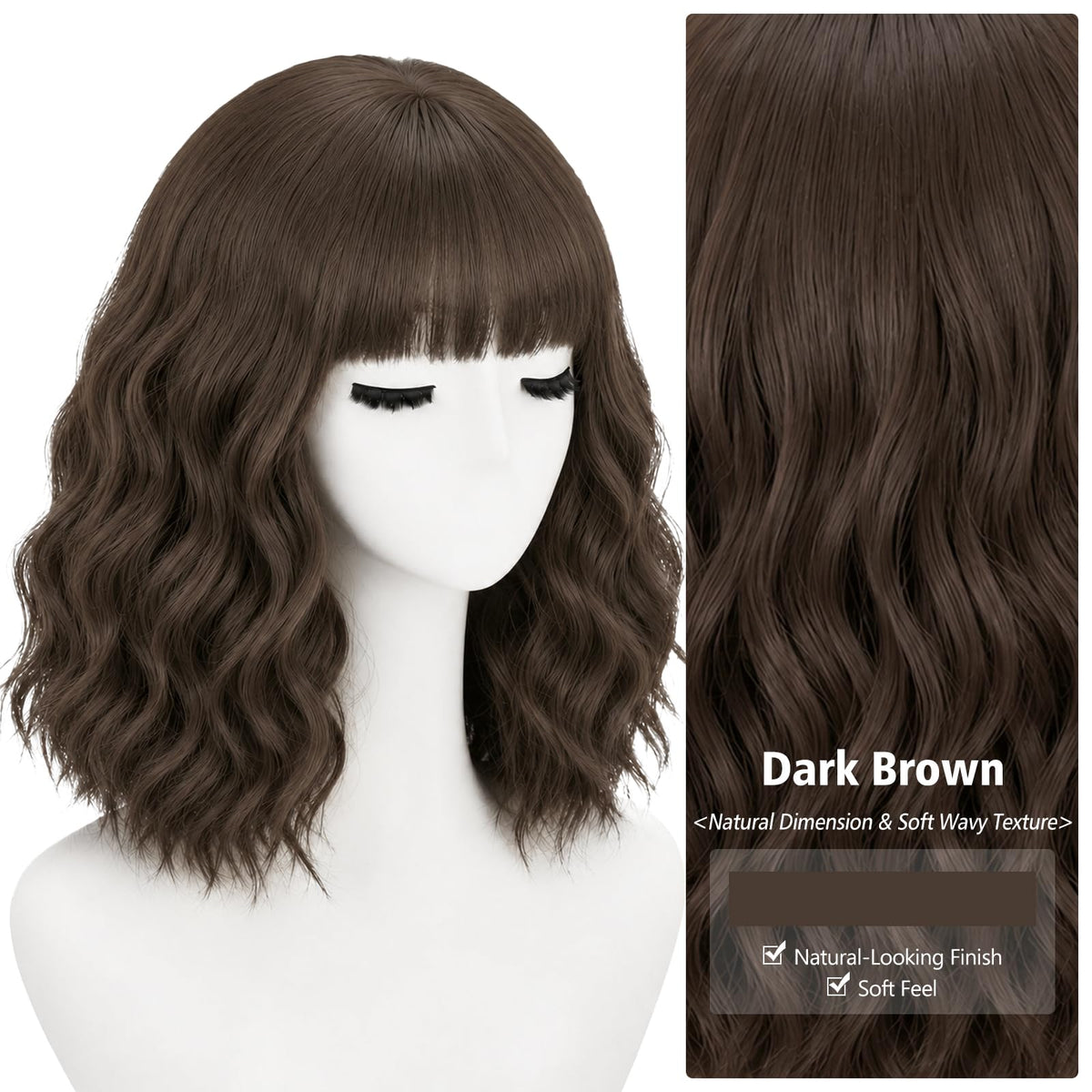 NOSTALGIA Wigs for Women, Short Wavy Bob Wig with Bangs, Trimmable Bangs, Shoulder Length, Black To Brown Heat Resistant Synthetic Wig for Daily Party Use, 14 Inch