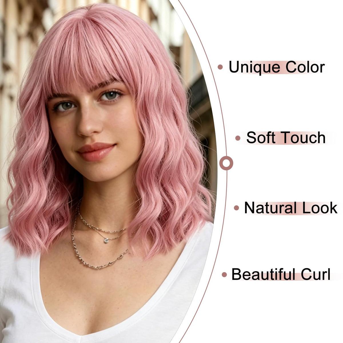 BERON 14 Inches Pink Wig for Women Girls Short Curly Synthetic Wig with Bangs Lovely Pink