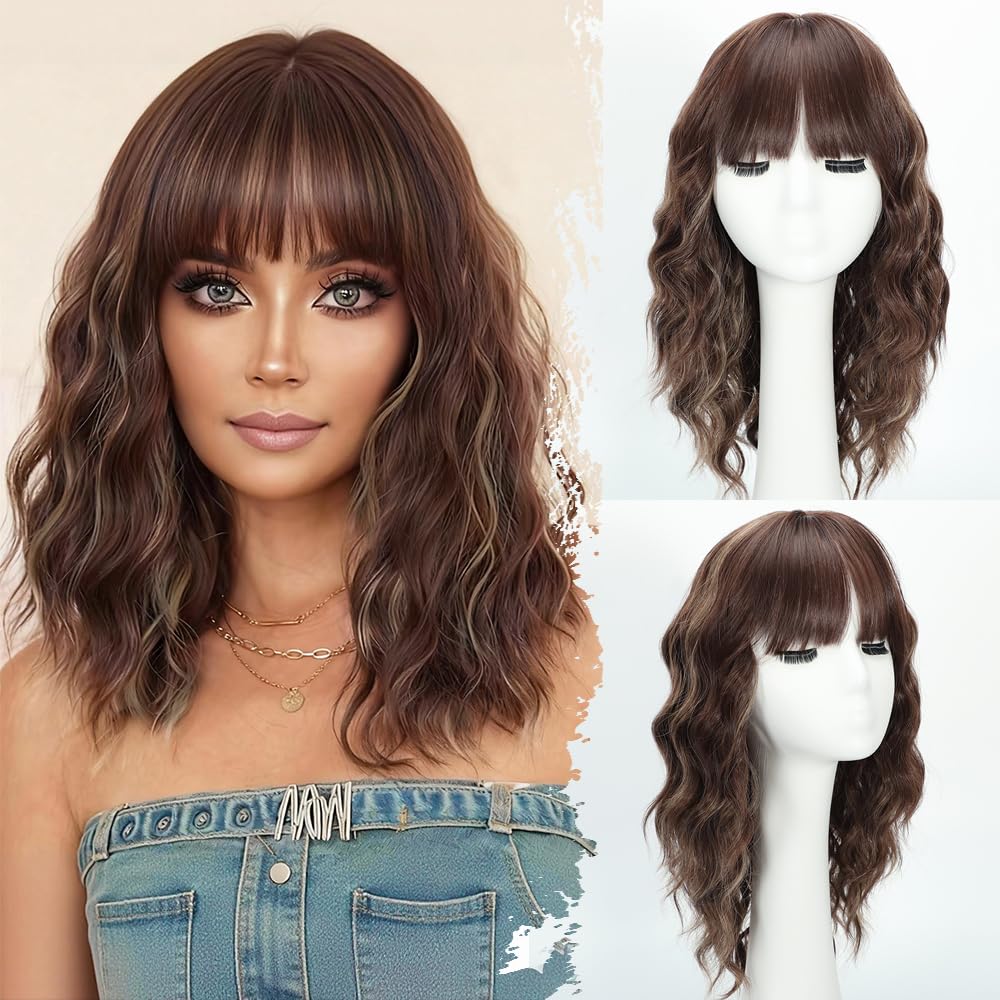 Black Wig with Bangs Long curly wavy Wigs for Women26In Synthetic Black Wig