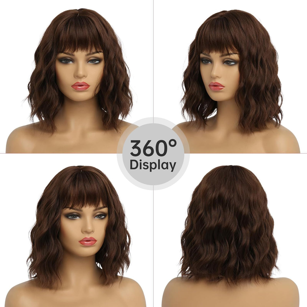 White Silver Wigs for Women Ombre Grey Wavy Bob Short Wigs with Bangs Medium Length Synthetic Hair Water Wave Dark Roots Wig Gray Colorful Wigs（14 Inches）