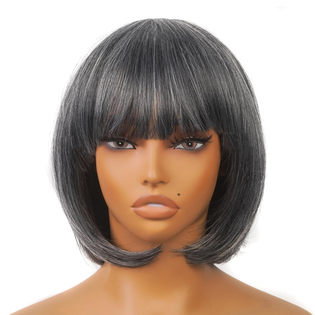 ToyoTress Bob Wig With Bangs - 12 Inch Peek-a-boo Color Short Bob Wig For Black Women Black Mix Brown Daily Costume Wigs, Light Yaki Straight Synthetic Hair Wigs Heat Resistant (12 Inch, SH30-612H)