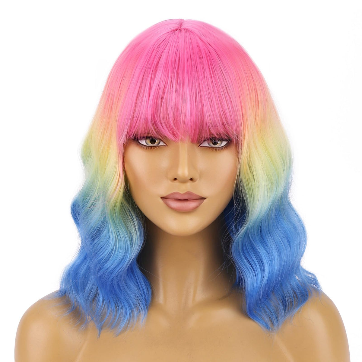 BERON 14 Inches Pink Wig for Women Girls Short Curly Synthetic Wig with Bangs Lovely Pink