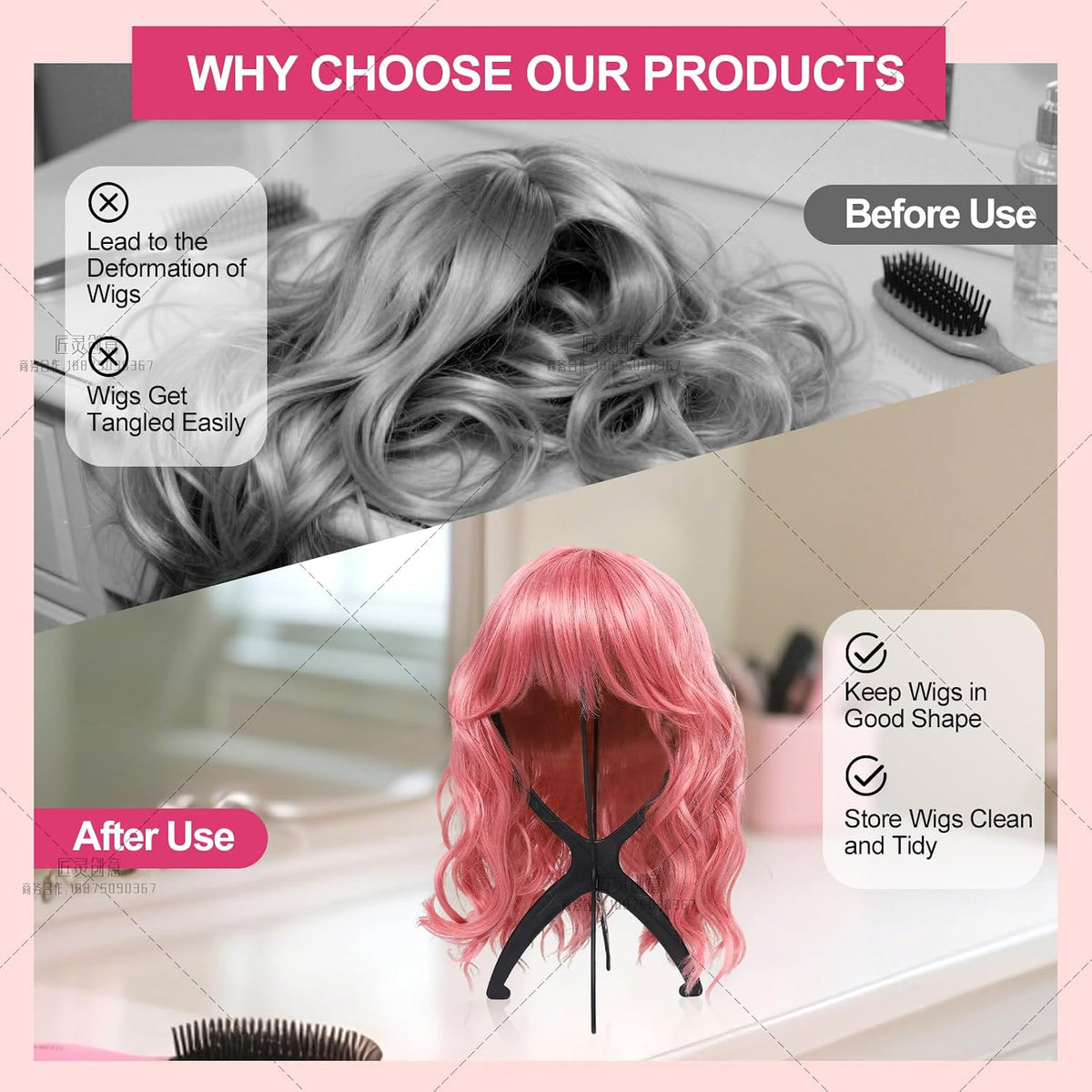 Portable Wig Stand Holder for Multiple Wigs, Black 2 Pack