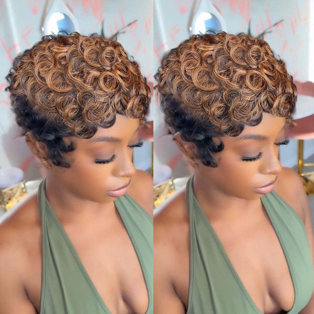 VRZ Pixie Cut Wigs for Black Women Brazilian Curly Pixie Cut Wig Human Hair Glueless Short Layered Wigs With Bangs Natural Black Color No Glue Human Hair Wig for Daily Use