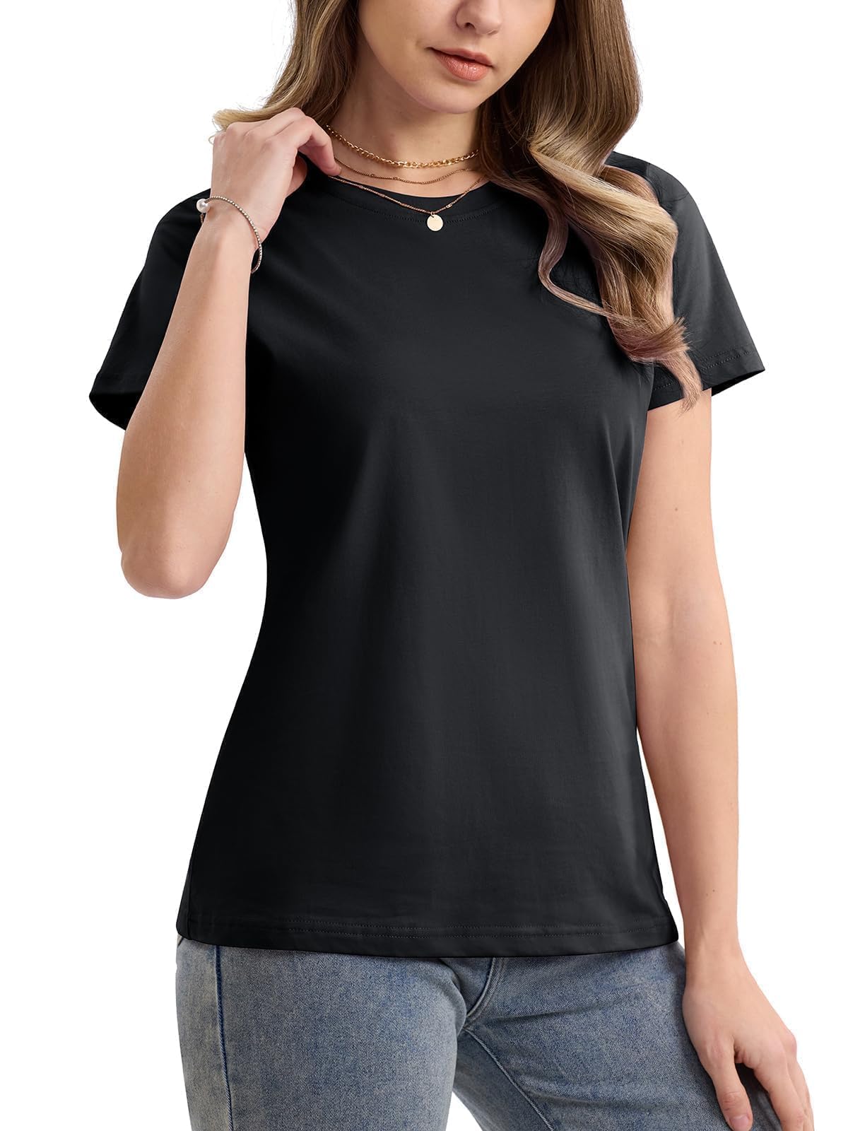 SMENG Women's Cotton Crewneck T-Shirts Short Sleeve Basic Solid Color Tee Classic-Fit Shirt Breathable Comfy Summer Top