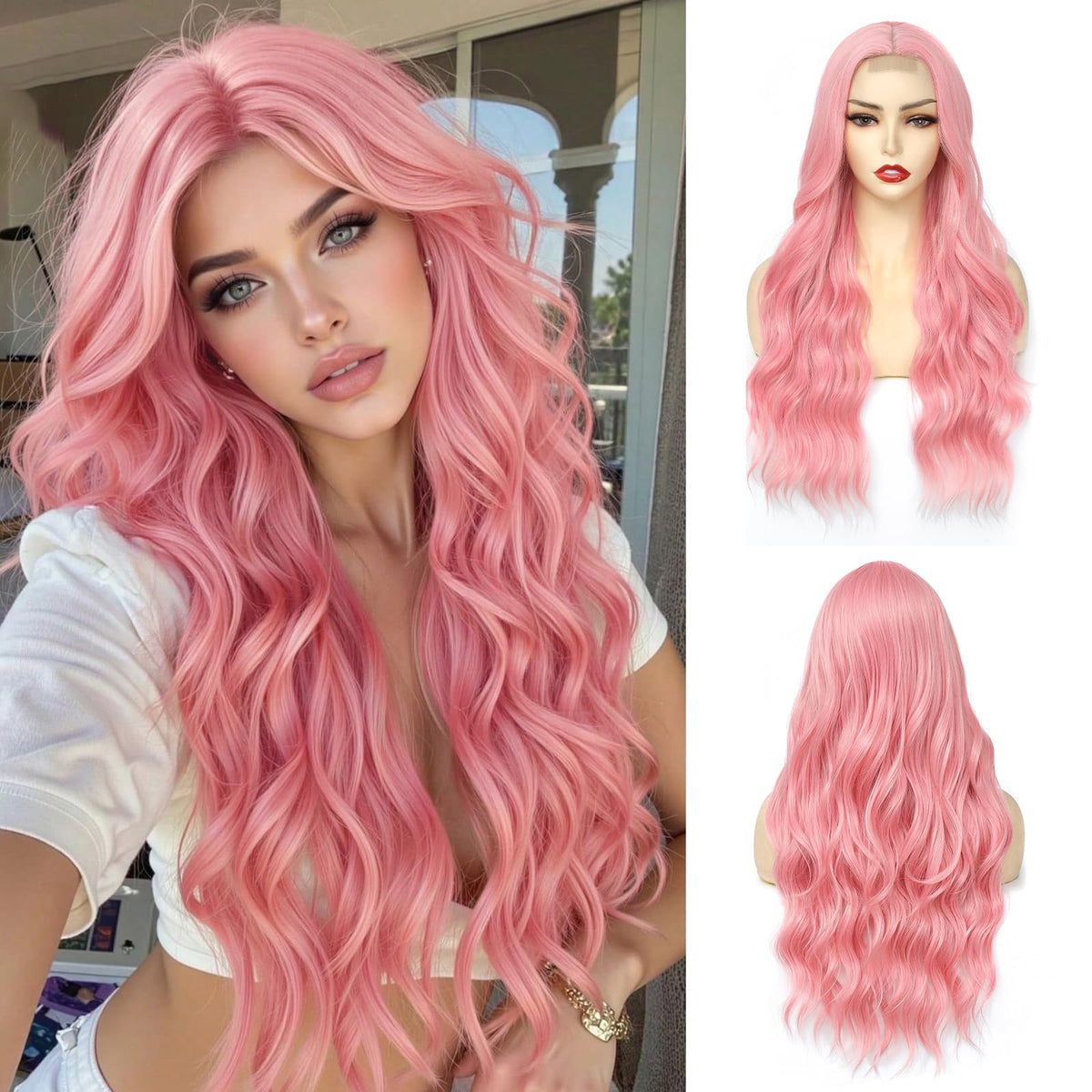 NAYOO 26 Inch Long Wavy Black Wig for Women, Middle Part Natural Looking Synthetic Wig, Heat Resistant Fiber Soft & Lightweight, Realistic Scalp Long Curly Wig for Daily Wear Party Cosplay