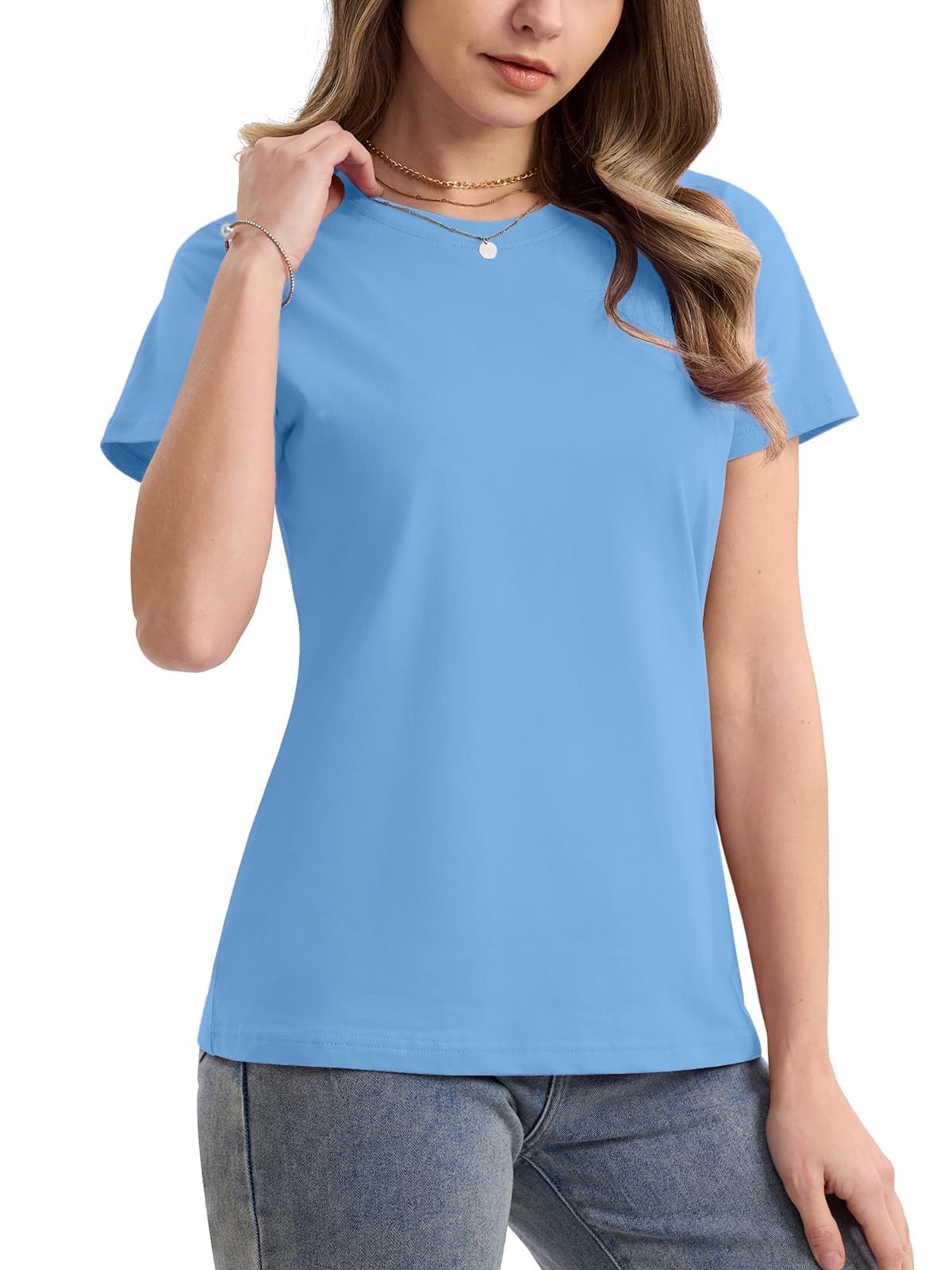 SMENG Women's Cotton Crewneck T-Shirts Short Sleeve Basic Solid Color Tee Classic-Fit Shirt Breathable Comfy Summer Top