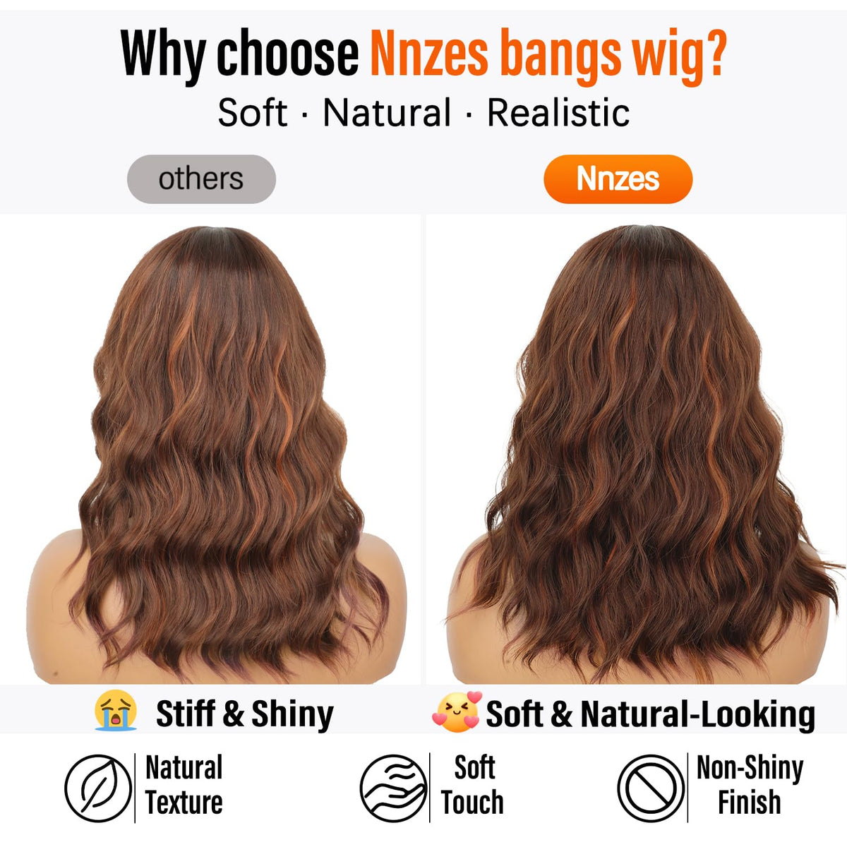 Nnzes Short Wavy Bob Wig with Bangs for Women Shoulder Length Curly Dark Brown with Purple Synthetic Heat-Resistant Fiber Hair for Daily & Party Use